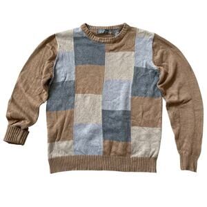 Oscar de la Renta Sweater M | Neutral Patchwork Knit, Soft Cotton Blend, Preppy
